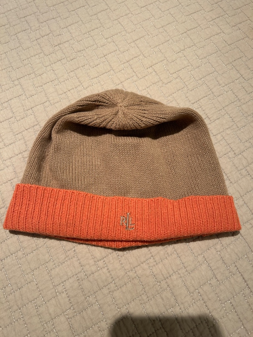 Ralph Lauren Tan Knit Beanie with Orange Cuff